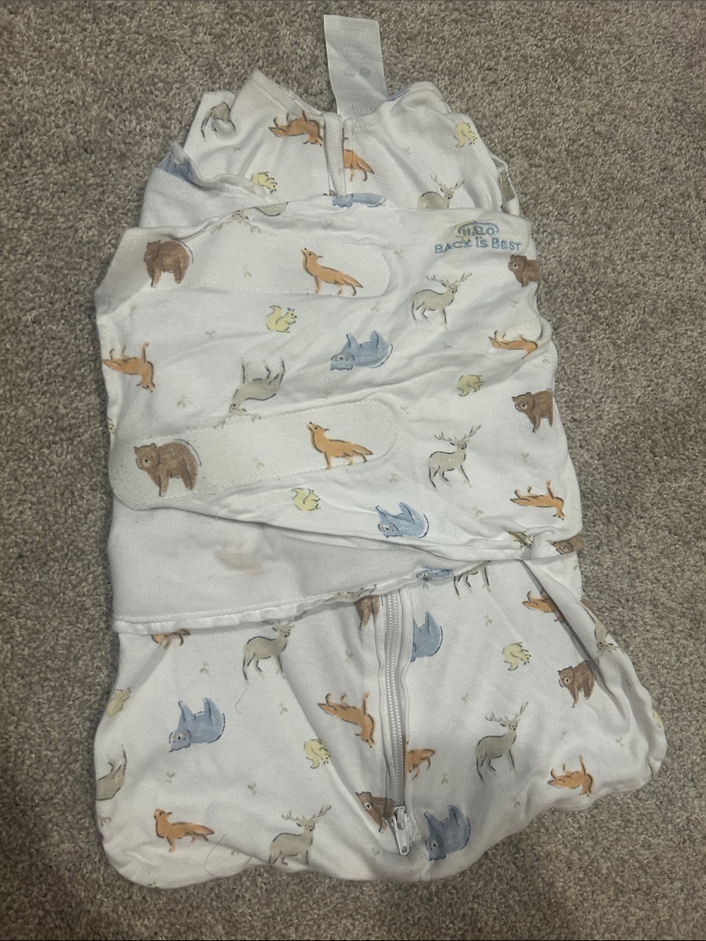 HALO NB/0-3 month Sleepsack/Swaddle in White with Woodland Animal Print
